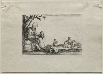 Caprices : Femme mendiant assise avec deux enfants