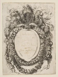 Cartouche couronné par un casque et des léopards, 1647