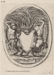 Cartouche en forme de tigre écorché soutenu par des centaures, 1647