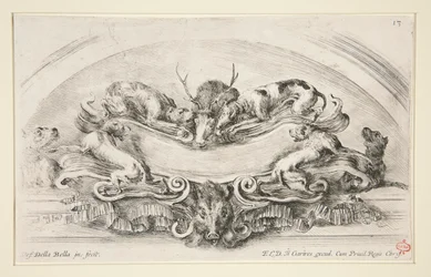 Cartouche avec chiens, cerf et tête de sanglier