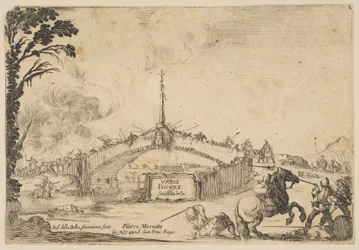 Combat sur un pont, un cavalier et deux fantassins se battent avec des épées en bas à droite, vers 1645