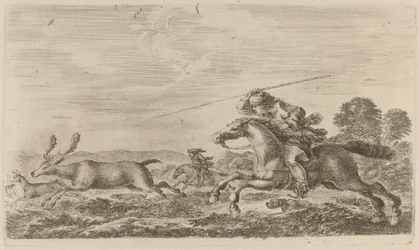 Cerf chassé par deux cavaliers