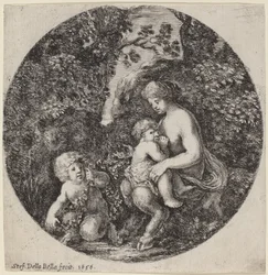 Satyresse allaitant un enfant dans un paysage boisé