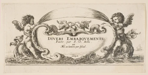 Frontispice : cartouche au centre, putti de chaque côté chevauchant des dauphins, vers 1646-1647