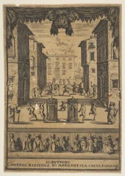 Frontispice pour la comédie Les Bouffons Li Buffoni, un décor sur scène ressemblant à un p..., vers 1639
