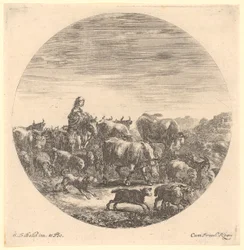 Bergère à cheval avec un troupeau de vaches et de moutons, feuille n° 5 de la série « Six motifs animaliers en forme circulaire »