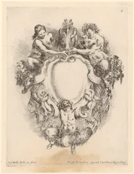 Cartouche avec trois satyres et une cruche à vin