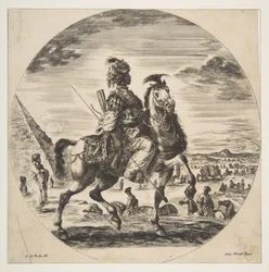 Cavalier Maure de profil face à droite, en arrière-plan une pyramide à gauche