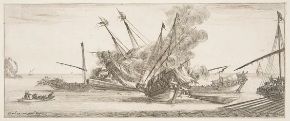 Combat naval, un navire au centre, vu de derrière, tirant sur quatre navires ennemis, un autre..., vers 1641