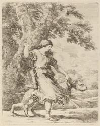 Nymphe tenant un grand chien par un collier