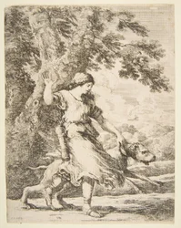 Nymphe tenant un grand chien par le collier, vers 1654