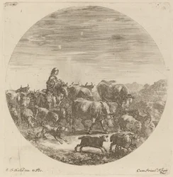 Paysanne assise sur un cheval avec des vaches, des moutons et des chèvres