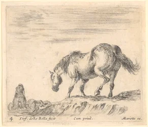 Cheval de profil tourné vers la gauche, à gauche un cavalier sur un autre cheval