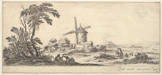 Planche 10 : une famille au centre du premier plan, diverses figures et chevaux au second plan, vers 1641