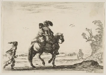 Cavalier et femme vus de dos, chevauchant vers la droite avec un jeune