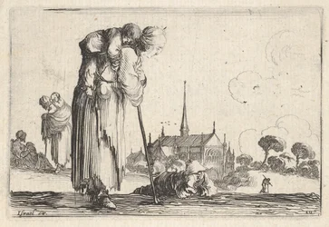 Planche 10: une paysanne tournée vers la droite avec un enfant sur son dos, un garçon allongé