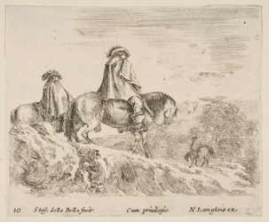 Planche 10: deux cavaliers descendant une montagne à gauche, un autre cavalier à droite dans..., vers 1644-47