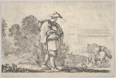 Planche 11 : un paysan portant un chapeau au centre, marchant vers la droite, un cheval descendant, vers 1641