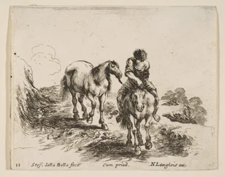Planche 11 : un jeune cavalier, vu de face, menant un autre cheval, de Divers...