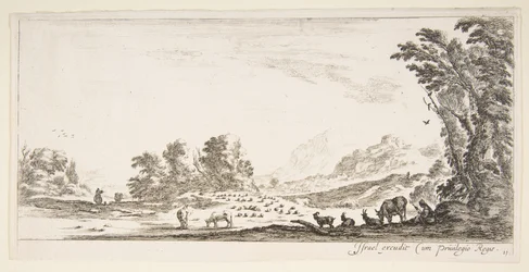 Planche 11 : bergère assise à droite sous un arbre, regardant son troupeau à gauche, vers 1641