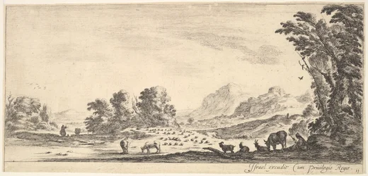 Planche 11: bergère assise à droite sous un arbre, regardant son troupeau à gauche, vers 1641