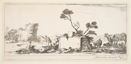 Plate 12: un dessinateur assis à gauche, un berger debout à côté de lui à droite, ruines en arrière-plan, ca. 1641