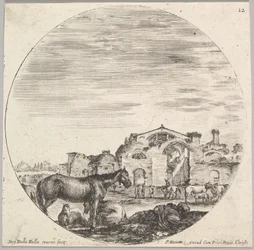 Planche 12 : un berger dormant sur le sol à droite, trois chevaux à gauche, autres..., vers 1643-48