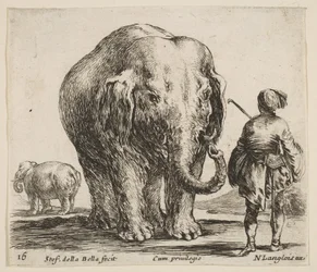 Plate 16: un éléphant au centre, son cornac debout à droite portant une coiffure orientale, ca. 1644-47