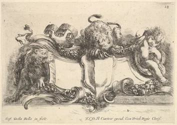 Cartouche contenant un blason vide, deux lionnes, 1646
