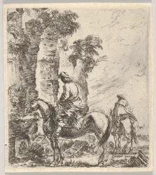 Planche 19: un cavalier faisant boire son cheval à une fontaine à gauche, un autre cavalier