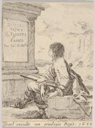 Planche 1 : un jeune homme assis sur une pierre, de profil gauche, tenant un carnet de croquis..., 1650
