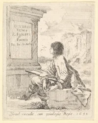Planche 1 : un jeune homme assis sur une pierre, de profil gauche, tenant un carnet de croquis, 1650