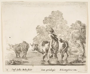 Une paysanne conduisant deux vaches à travers un ruisseau, marchant vers la gauche..., vers 1644-47.