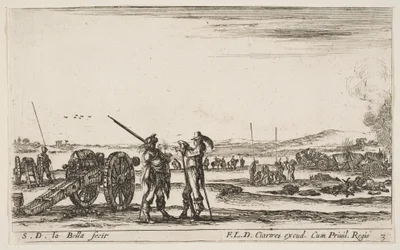 Planche 3 : Un officier donnant des ordres à un soldat au premier plan, canon à gauche, f..., ca. 1641