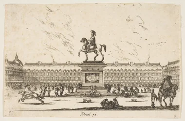 Planche 3 : La Place Royale, statue équestre de Louis XIII de profil face à gauche au centre..., 1642