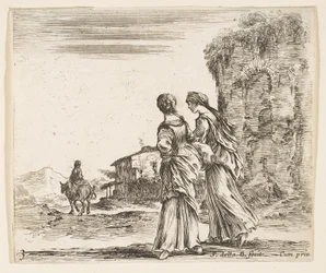 Planche 3 : deux filles marchant vers la gauche, vues de dos, une femme à cheval, vers 1644-47