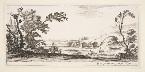 Planche 3 : deux cavaliers traversant une rivière à droite, une femme avec deux paniers sur un âne, vers 1641