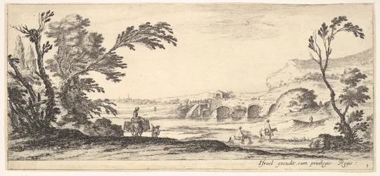 Planche 3 : deux cavaliers traversant une rivière à droite, une femme avec deux paniers sur un âne, vers 1641