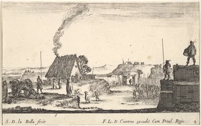 Planche 4: Un camp militaire avec un soldat debout sur un parapet à droite battant..., vers 1641