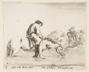 Planche 5: un paysan pieds nus à cheval traversant une rivière, un autre paysan à cheval..., ca. 1644-47