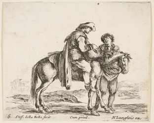 Planche 6 : un paysan à cheval de profil tourné vers la droite, tenant un panier et t..., vers 1644-47