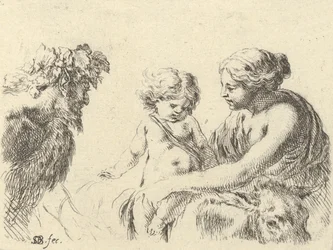 Planche 6 : une femme à droite tenant son enfant assis sur un âne, un satyre à gauche, vers 1646