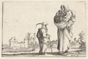 Planche 7 : une paysanne portant un enfant à droite, parlant à un autre enfant debout..., vers 1642
