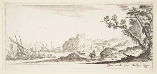 Planche 7: divers bateaux sur le rivage à gauche, un homme portant un sac vu de dos, vers 1641