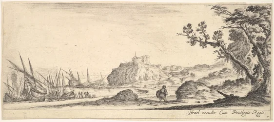 Planche 7 : divers bateaux sur le rivage à gauche, un homme portant un sac, vu de dos