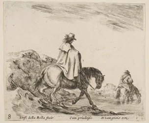 Planche 8 : un cavalier descend une berge, un autre cavalier dans la rivière à droite