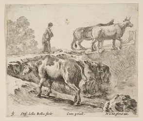 Planche 9 : une vache montant une berge, une paysanne menant deux vaches à travers un pont..., vers 1644-47