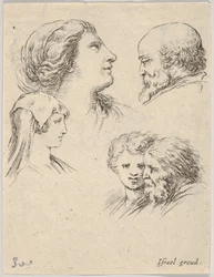 Planche 9 : cinq têtes, deux jeunes femmes à gauche, un homme barbu en haut à droite, une jeune femme..., vers 1649