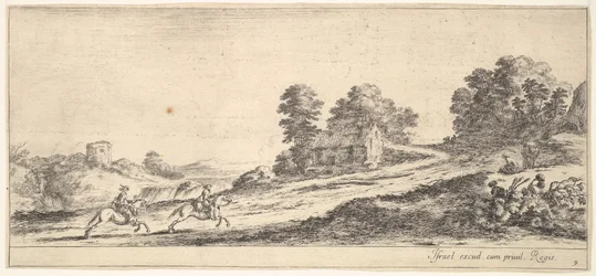 Planche 9 : deux cavaliers à gauche galopant vers la droite, un cheval et un homme assis, vers 1641