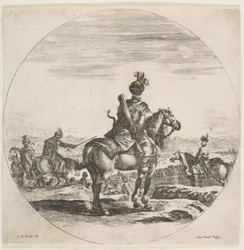 Cavalier polonais avec un arc et des flèches, vu de dos avec son cheval tourné vers la droite, vers 1651
